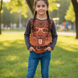 KIDS Full sleeve  T-shirt, Brown with Grey - Tiger Theme - Round Neck - 10 YEARS