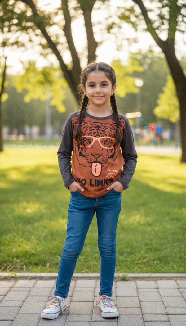 Full sleeve  T-shirt, Brown with Grey - Tiger Theme - Round Neck- 6 YEARS