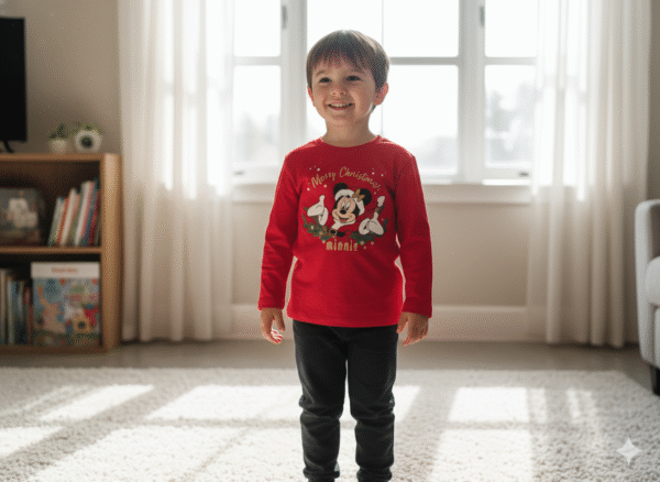 KIDS Full sleeve  T-Shirt - Cherry Red Christmas Theme - Round Neck - 5 Years