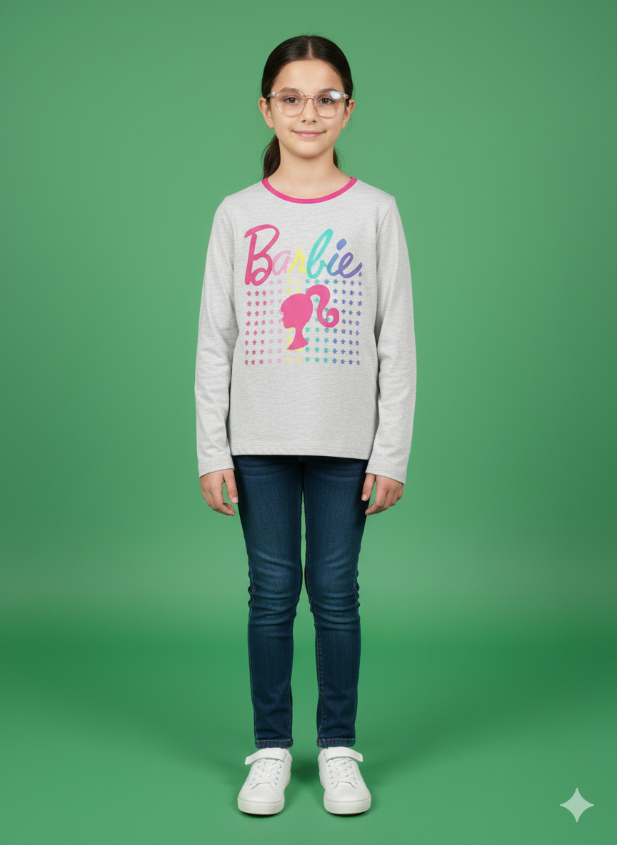 Full Sleeve  - Barbie T-Shirt - Round Neck - 8 Years - Grey Color