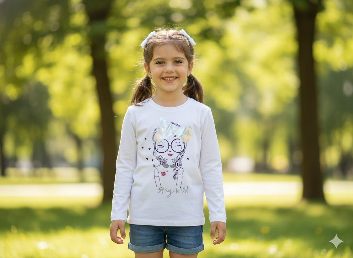 KIDS Full Sleeve T-Shirt - Round Neck - White  wild  Theme - 12 Years