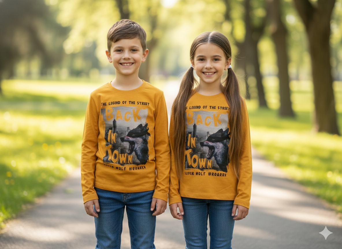 KIDS Full Sleeve T-Shirt - Round Neck - Mustered  Wolf Town  Theme