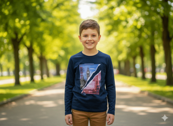 Full Sleeve  Kids T-Shirt - Round Neck - Landon city  -Navy- 6  Years